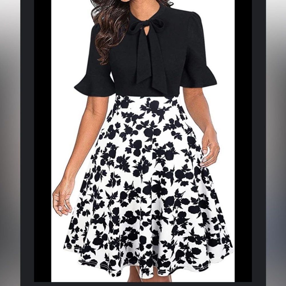 NWT Ranphee Dress Black White Floral Short Bell Sleeve Tie at Neck Side Zip WM S